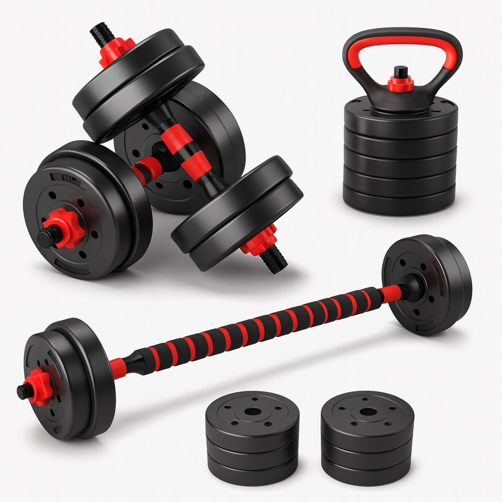Kit Halteres 6 Em 1 Peso Musculacao Ate 20kg Ajustavel Halter, Anilha Cor Preto-vermelho