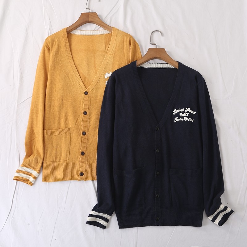 Japonês única primavera verão novo estilo Casual listrado carta bordado botão de manga comprida Cardigan malhas jaqueta