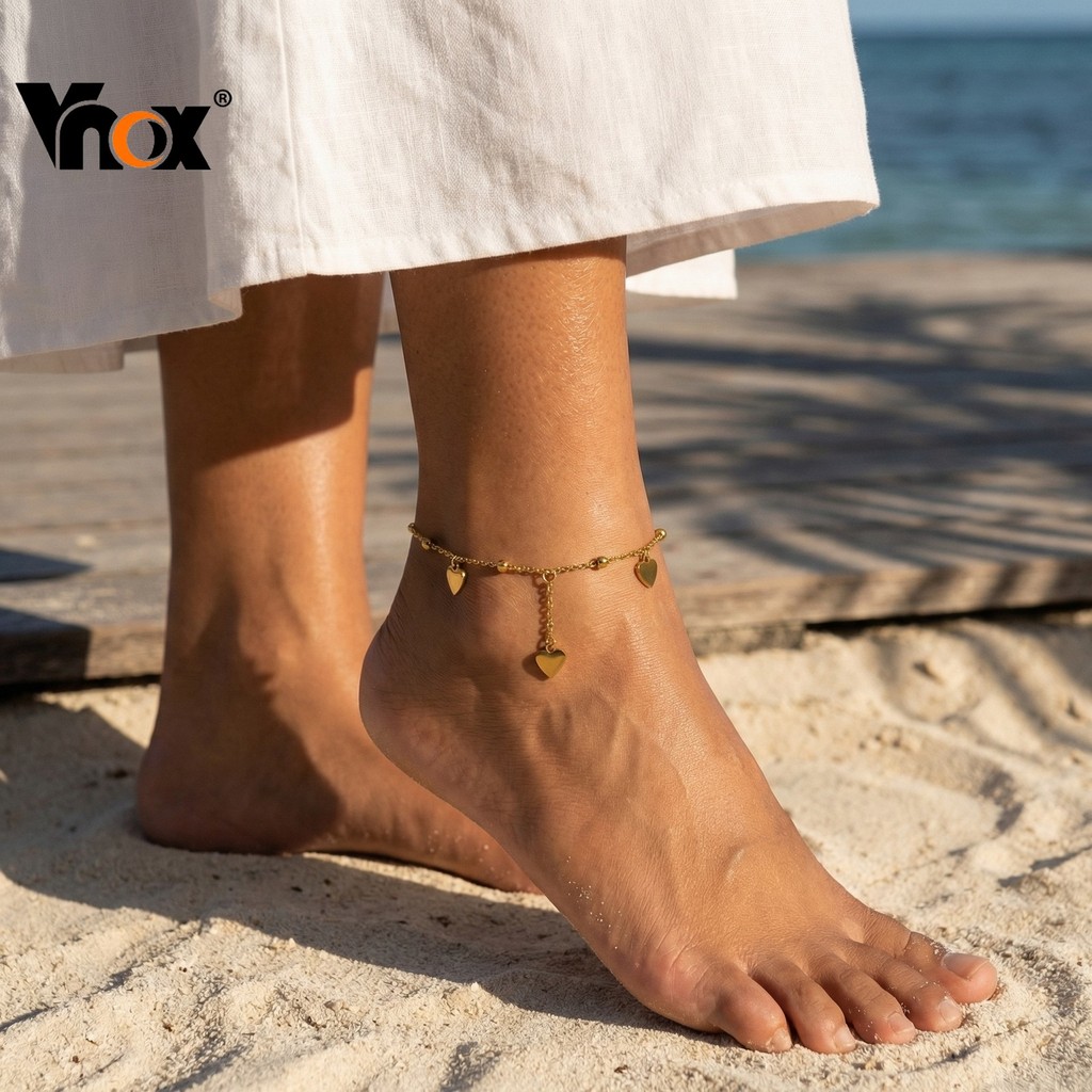 Tornozeleira Feminina Com Contas De Coração Em Ouro 18k Vnox , Presente De Joias Da Moda À Beira-Mar