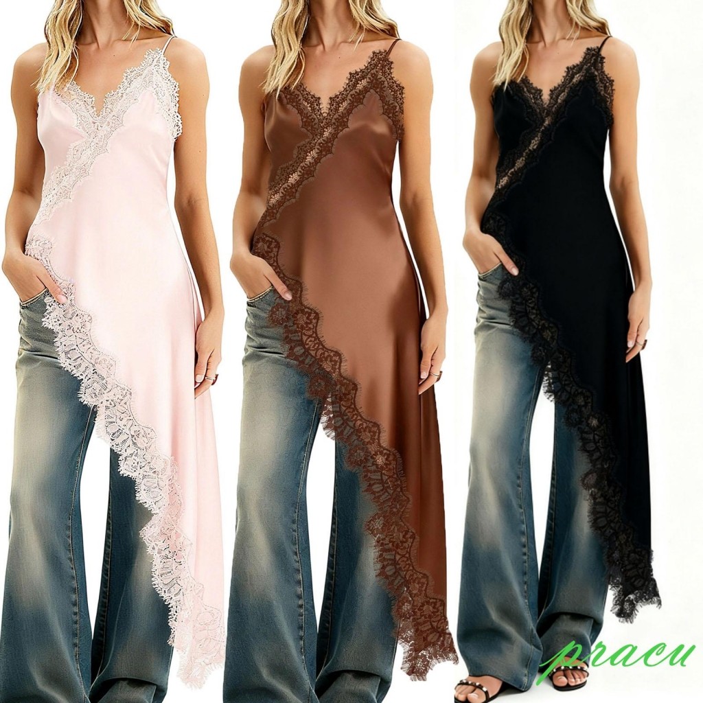 [Pracu] Camisolas Femininas De Cetim Com Acabamento Em Renda , Sem Mangas , Costas Abertas , Decote V , Regata Longa Bai