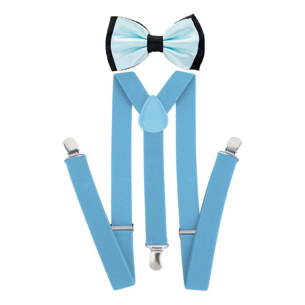 Kit Suspensório Azul Bebê + Gravata Dupla Azul Bebê C Preto Infantil