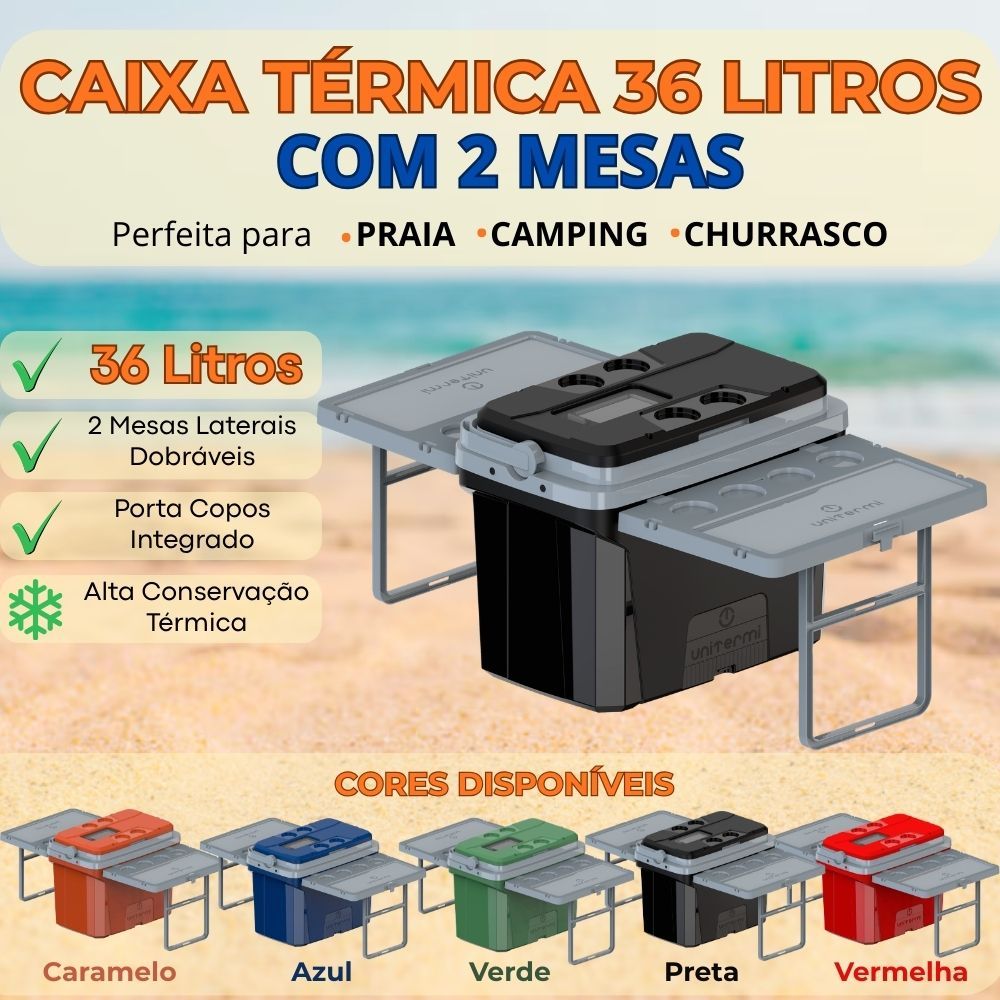 Caixa Térmica Cooler Camping Praia Churrasco Eco Com 2 Mesas 36 Litros Jurerê Unitermi