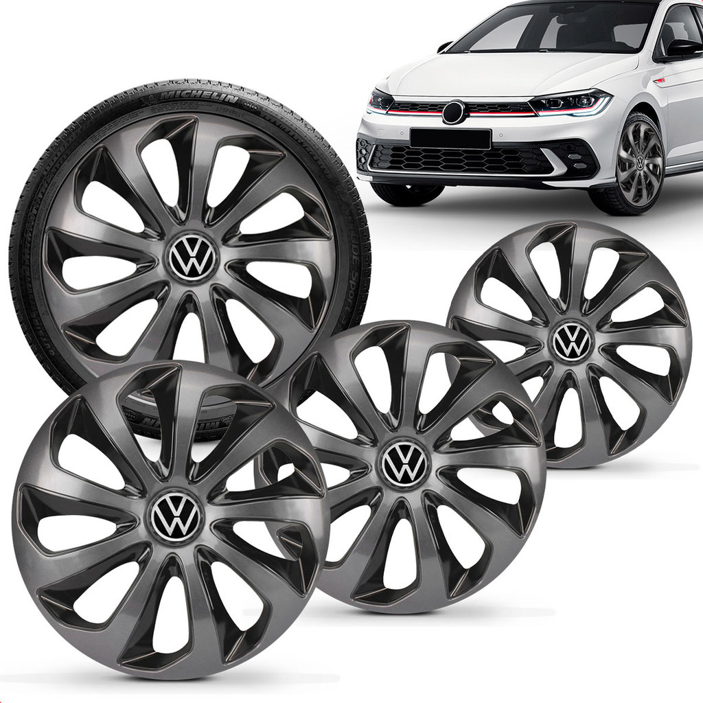 Jogo 4 Calotas Elitte 14" Velox Grafite Preto Polo Track 2023 a 2025 com Emblema Resinado