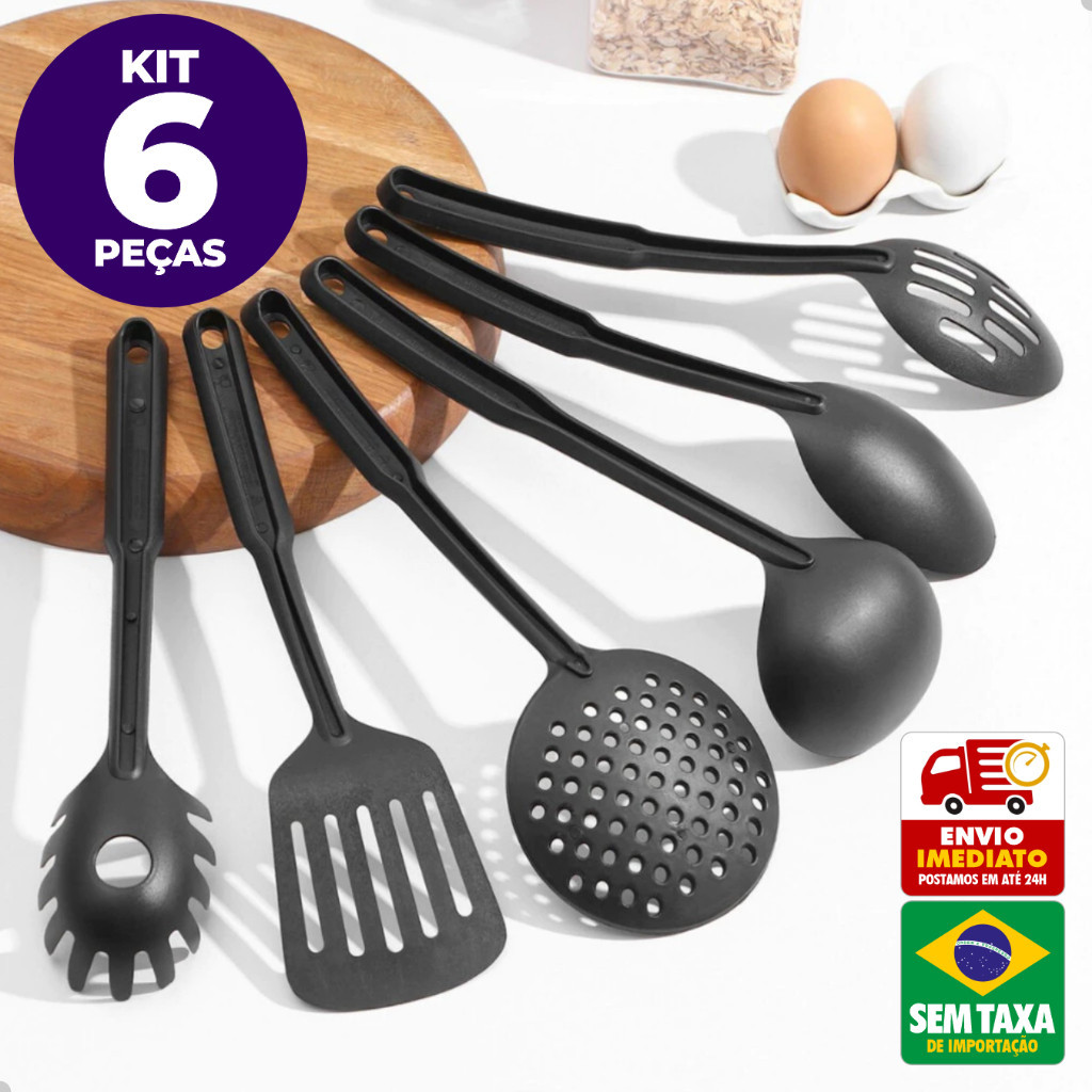 Kit 6 Utensílios de Cozinha Talheres Nylon Preto Resistentes Colher Concha Espátula em Oferta na Shopee