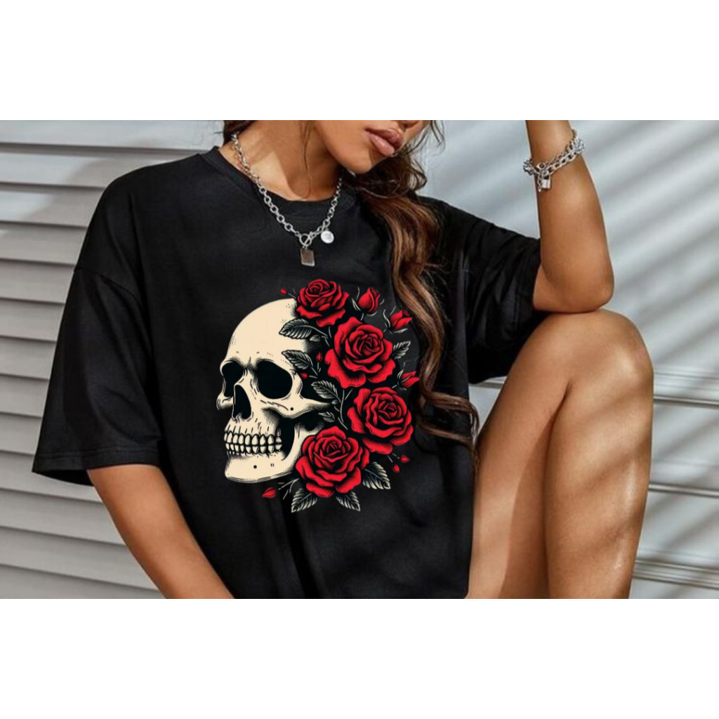 [Camiseta Premium em Algodão Puro]BOW Camiseta Básica100% Algodão Unissex Caveira E Rosas Lançamentos Envio 