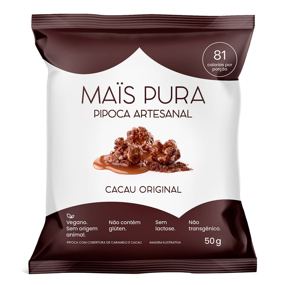 Pipoca Artesanal Mais Pura Sabor Cacau Original 50g em Oferta na Shopee
