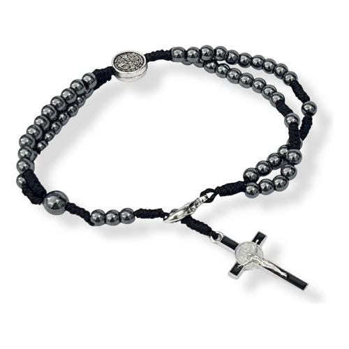 6 Terço C/ Crucifixo E Medalha De Pulso São Bento Hematita 20 Cm 23 Cm