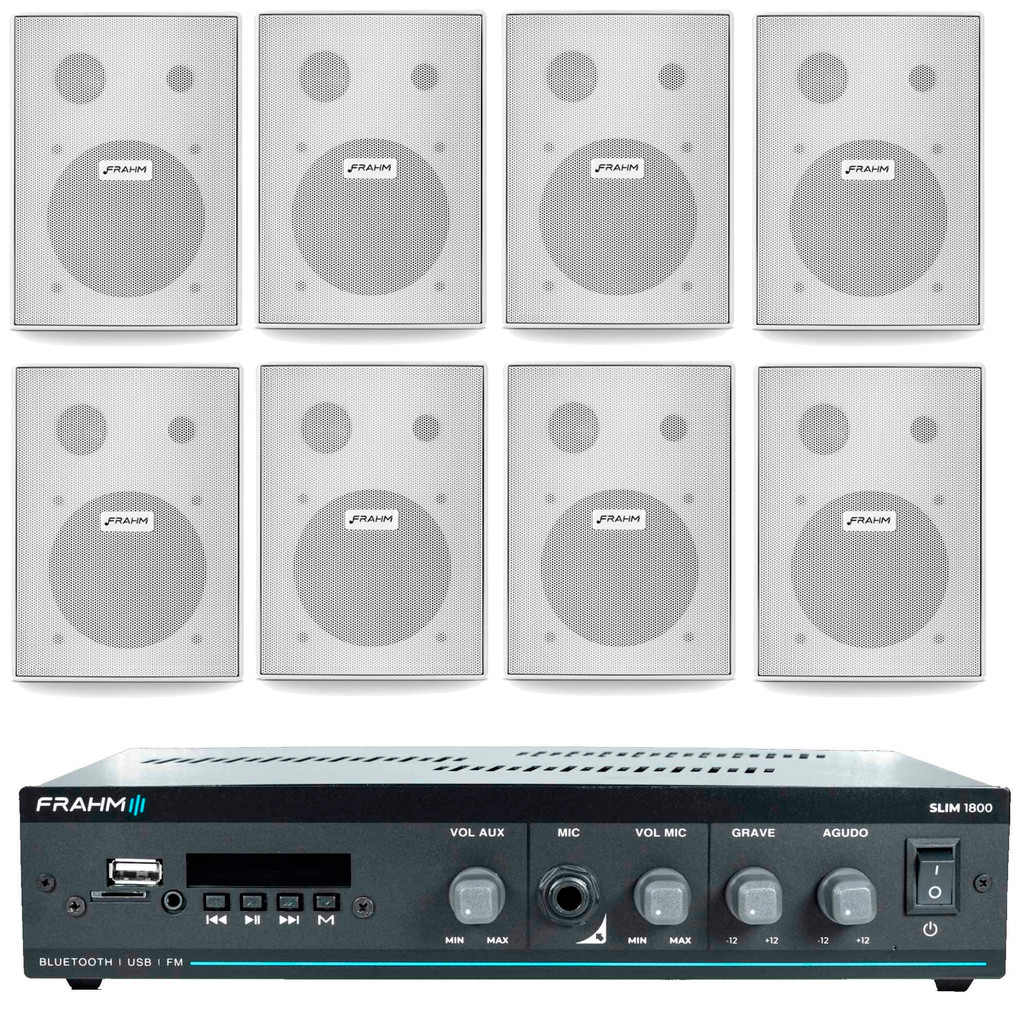 Kit Sonorização Ambiente Slim 1800 Bluetooth+ 8 Caixas Frahm Branca