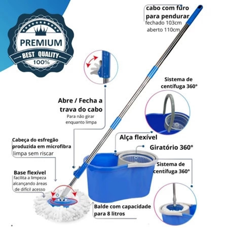 Kit Mop Giratório 360º com Balde Duplo de 8 Litros Cabo Extensível Ajustável Microfibra Limpeza Pesada Achadinhos