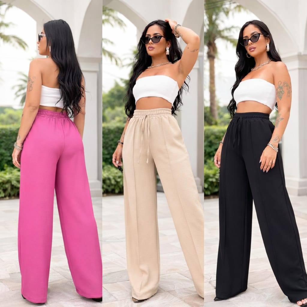 Calça Pantalona Feminina Duna  Bolso Cintura Elástica em Oferta na Shopee