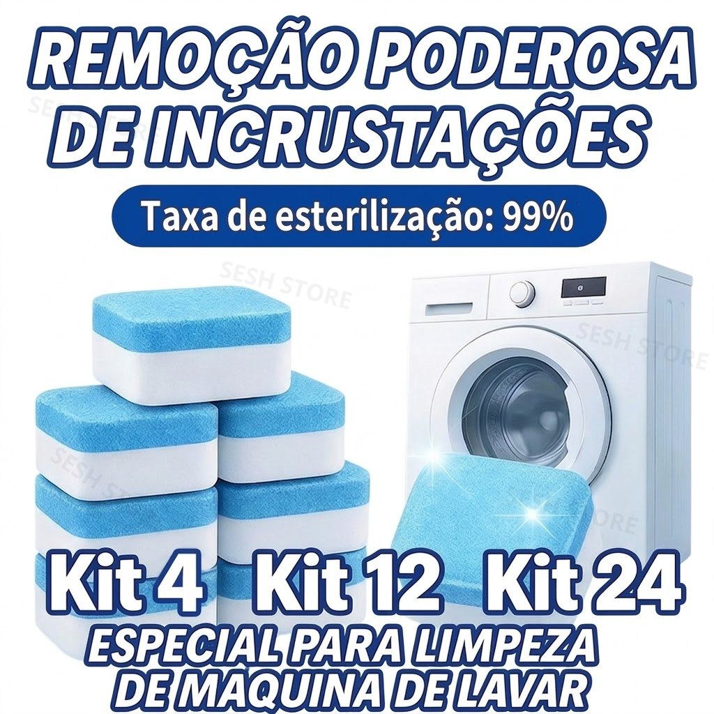 KIT 4/12/24/36 Pastilhas para Limpeza de Máquinas de Lavar Roupas Clareia Limpa Tira Cheiro Odor Sujeira Efervescentes