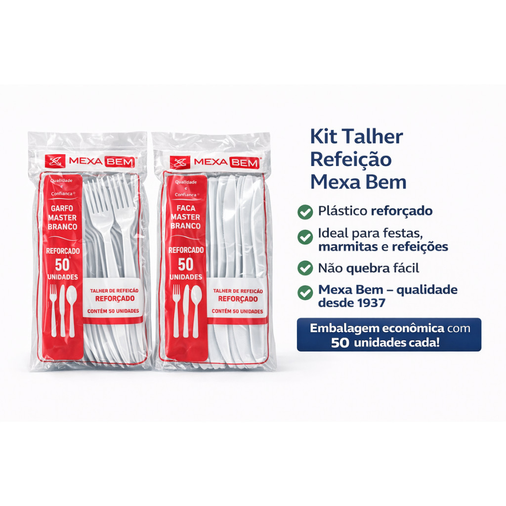 Kit 200 Talheres Descartáveis Garfo e Faca Mexa Bem | 100 Garfos + 100 Facas | Festa e Eventos