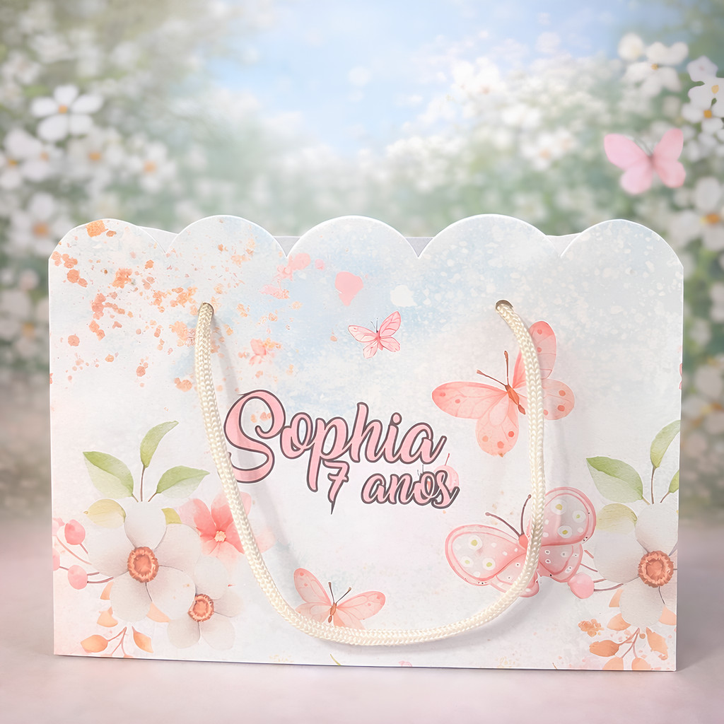 Kit Sacolinha Sacola Papelaria Personalizada Jardim das Borboletas Sacolinha de Lembrancinha Caixinha para Festa