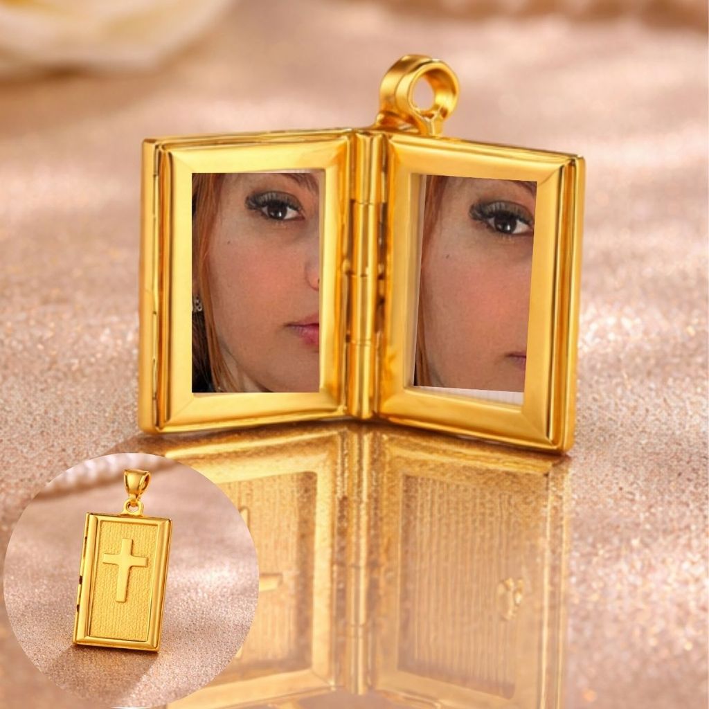 Pingente Relicário com fotos Biblia com cruz Banhado a Ouro 18k Antialérgico