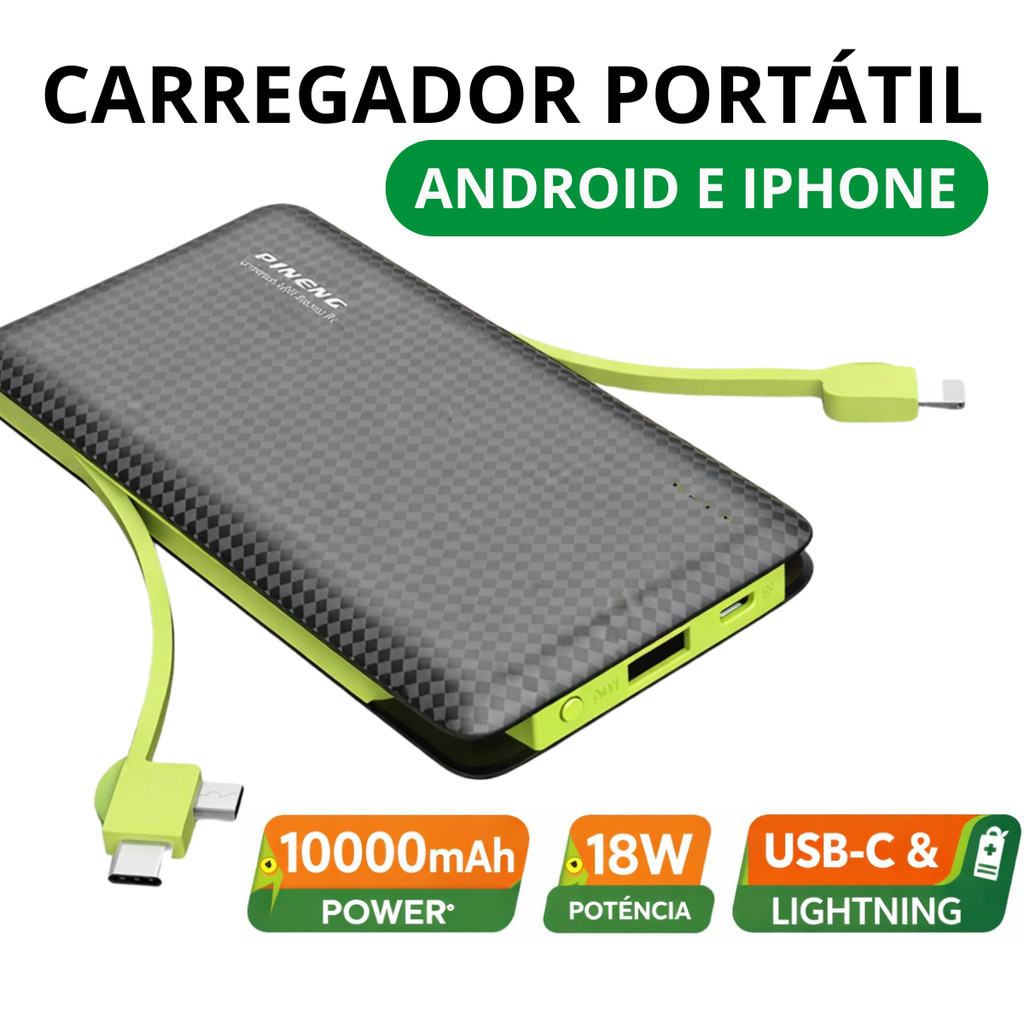 Carregador Portátil 10000mAh Power Bank 18W TYPE -C Lightning Compatível Android iPhone Turbo Rápido