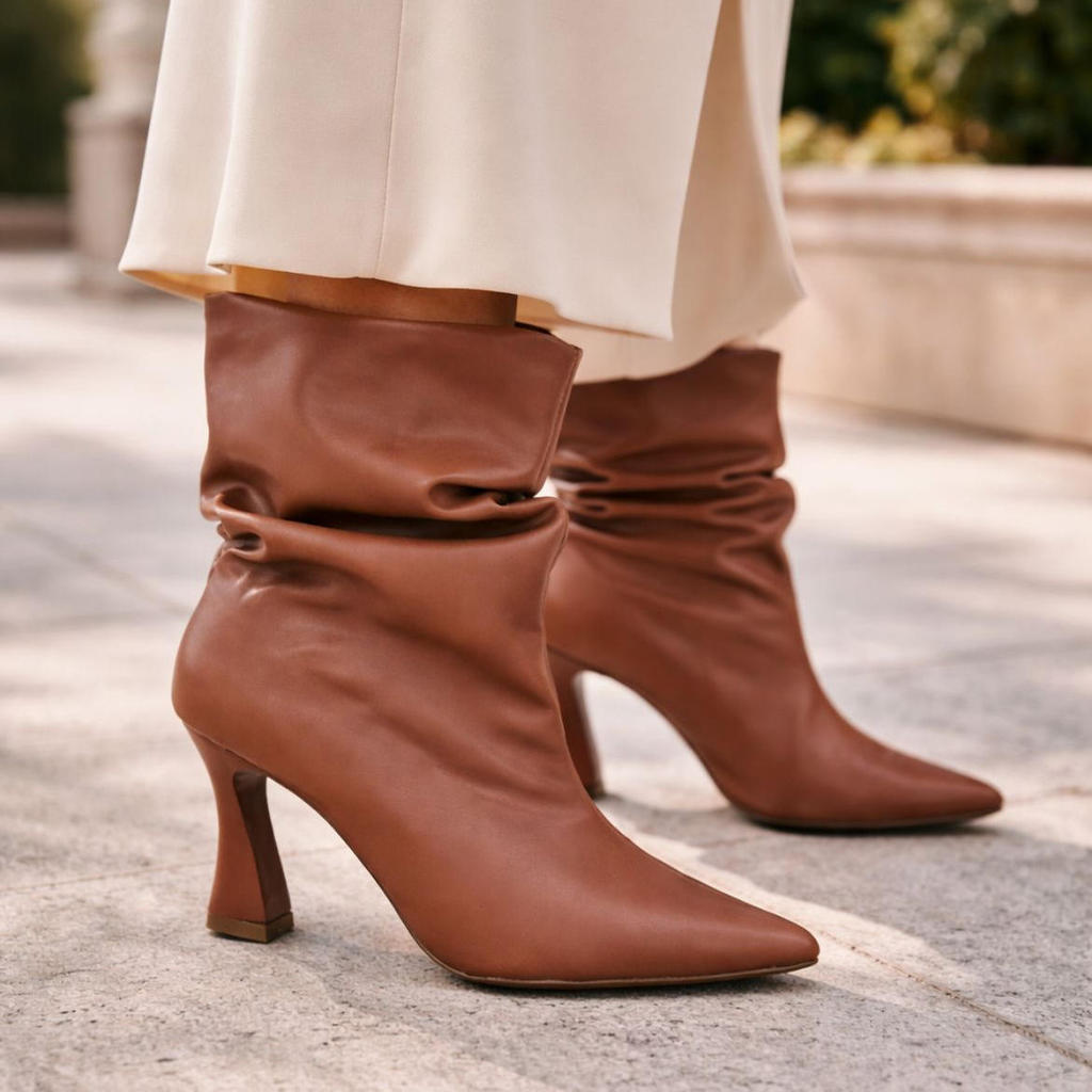 Bota Feminina Napa Bico Fino Salto 8cm Caramelo Off White Preto Elegante Sem Zíper Conforto Estilo — imagem 2 de 2