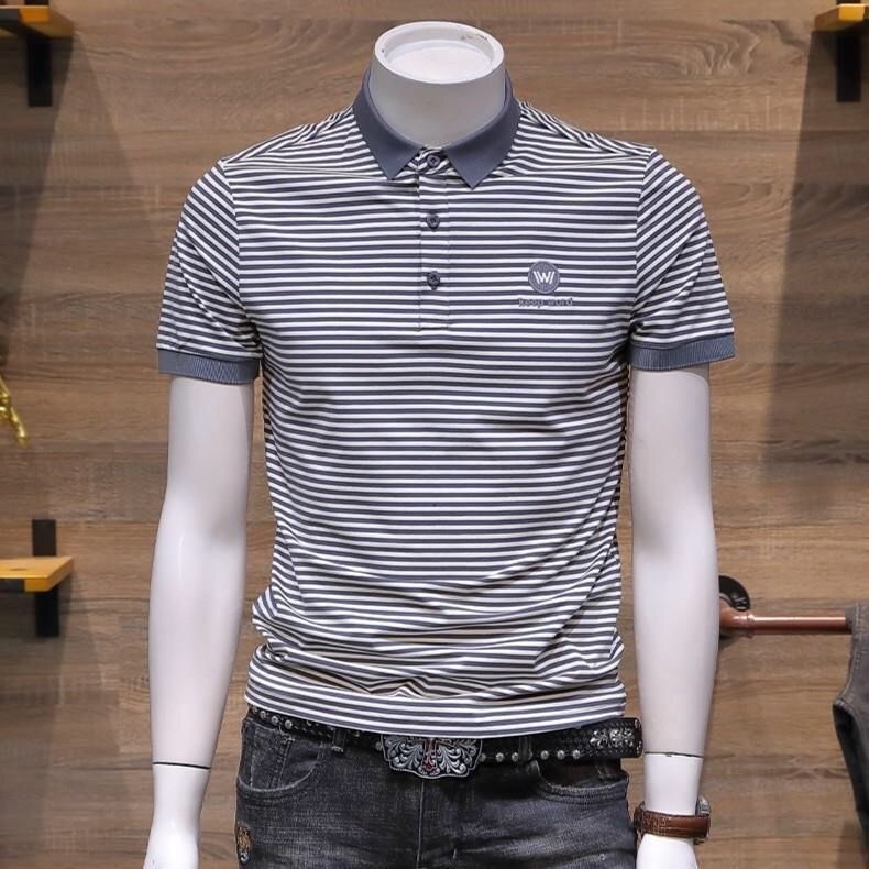 Camiseta masculina de manga curta 2023 novo estilo Street Wear high-end fino-ajuste listrado verão fino high-end gelo Si