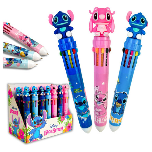 Caneta 10 Cores Esferográfica Stitch Angel Material Escolar Rosa Infantil Divertida