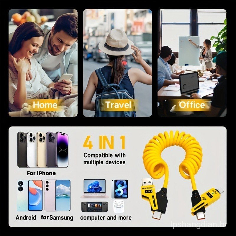 Novo cabo de dados telescópico universal de 65W quatro em um, carregamento super rápido PD e sincronização de dados, mac