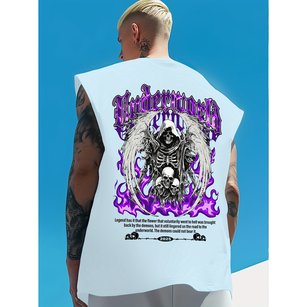 Camiseta sem mangas gráfica casual para homem - Design de crânio e anjo "Underworld", estampa roxa e branca, ajuste solt