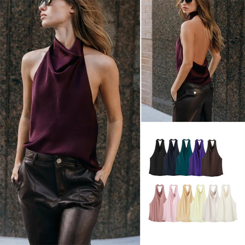 Novo Top feminino com textura de cetim de seda e gola Halter3203317 2157221 2231581