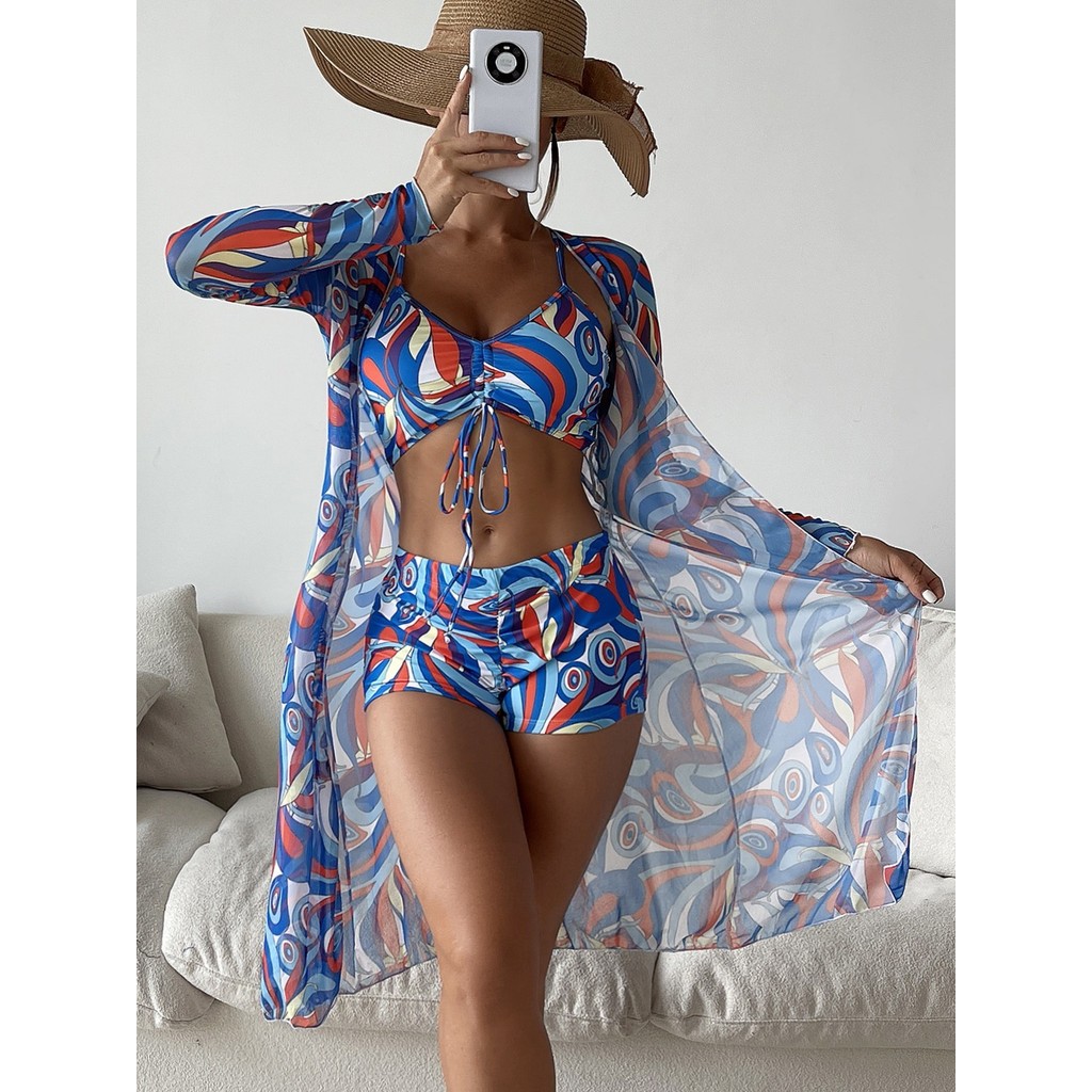 Promoção Conjunto TRIKINI (3 Peças) BIQUINI (Com Fundo E Forro) + Calções Saída Feminina TRIQUINI Estampado
