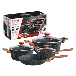 Conjunto de Panelas Color Stone Wooden Premium 4 Peças Antiaderentes com Tampa de Vidro
