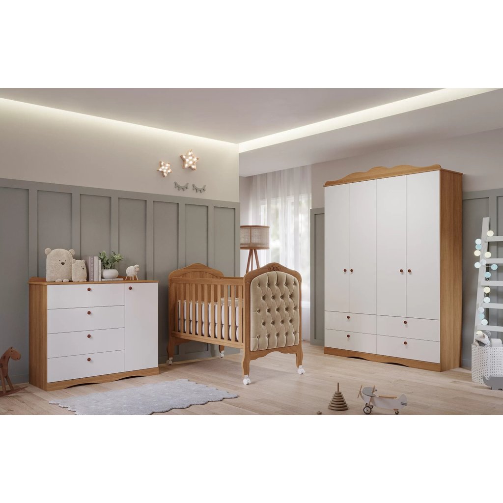 Quarto de Bebê 3 Peças com Berço Capitonê Cômoda 4 Gavetas e Guarda Roupa 4 Portas 4 Gavetas Aquarel Nature/Branco