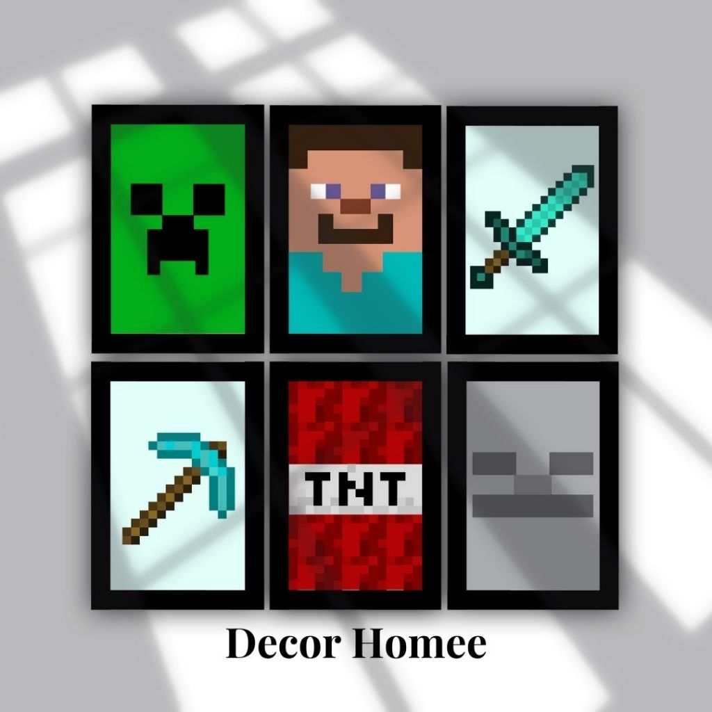 Kit 3 Quadros Plaquinha Minecraft, Decoração de quarto de menino desenho jogo