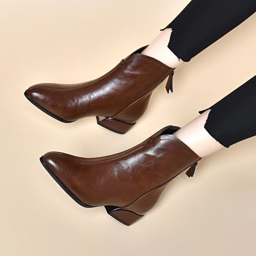 Botas Pequenas de Bico Fino Retro, Padrão de Pegada, Salto Grosso, Forradas com Fleece, Botas Curtas de Couro Macio, B