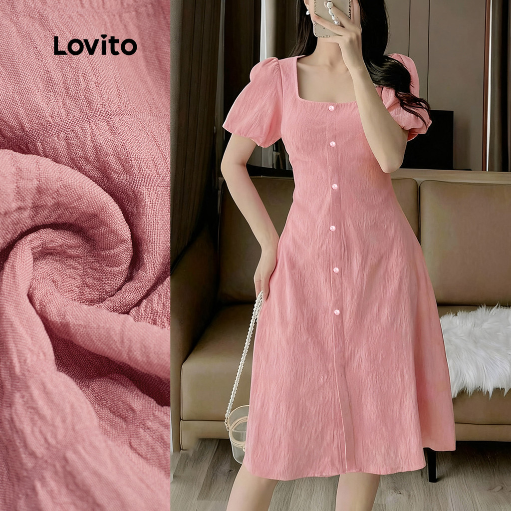 Lovito  Vestido Rosa Primavera/verão com Zíper e Botão Frontal para mulheres L172LD1337