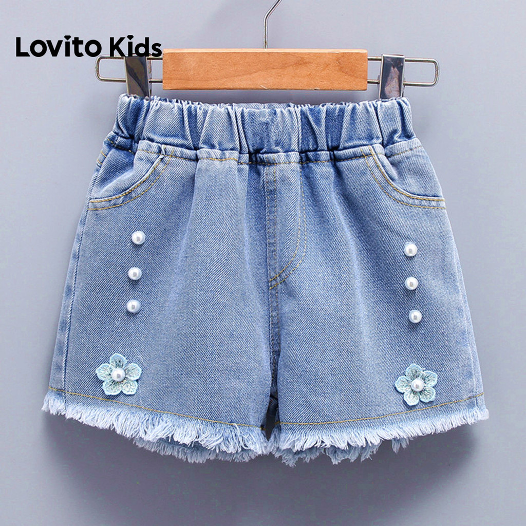 Lovito Kids  Shorts Casuais Pérolas Apliques Primavera/verão Shorts Azul Claro para Menina. LNL132254 em Oferta na Shopee