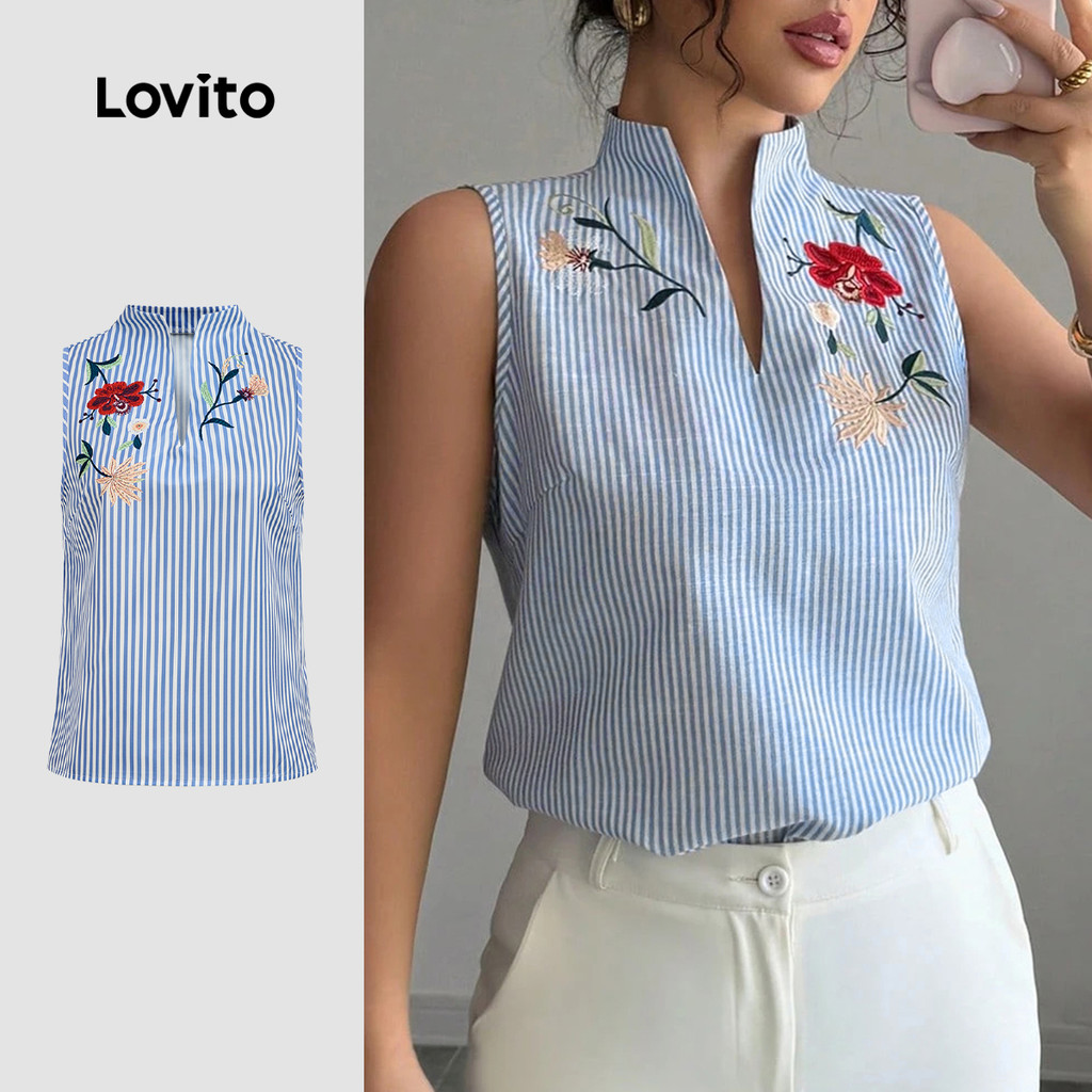 Lovito Blusa Elegante Listrada Básica Azul Primavera/Verão para Mulheres LBL32269
