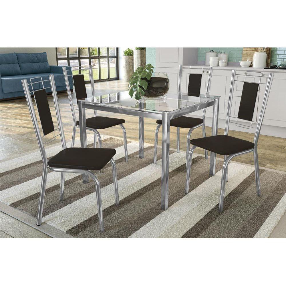 Sala de Jantar Completa Reno c/ Tampo Vidro 90cm + 4 Cadeiras Florença Cromado/Courano Preto - Kappesberg em Oferta na Shopee
