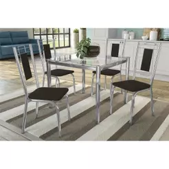 Sala de Jantar Completa Reno c/ Tampo Vidro 90cm + 4 Cadeiras Florença Cromado/Courano Preto - Kappesberg