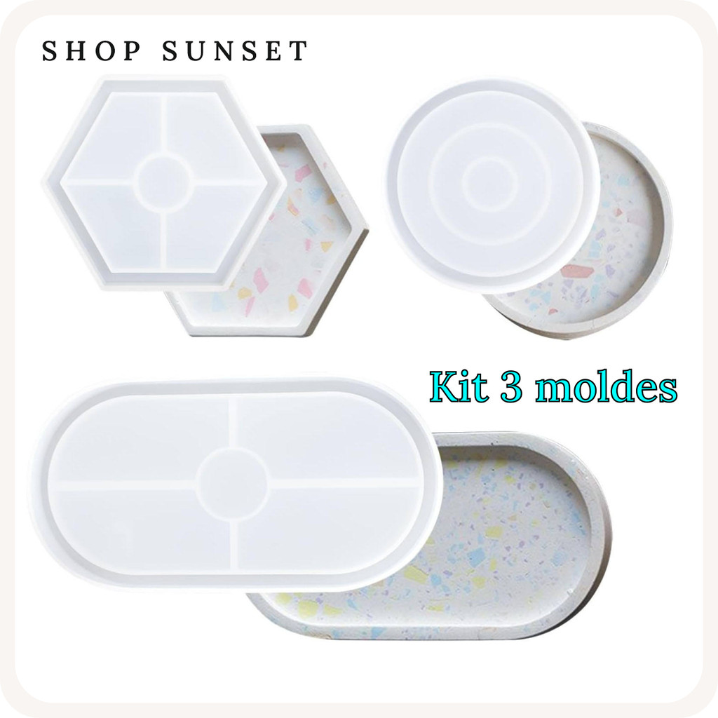Kit 3 Molde Silicone Bandeja oval redonda hexágono Forma Geométrica resina gesso cimento