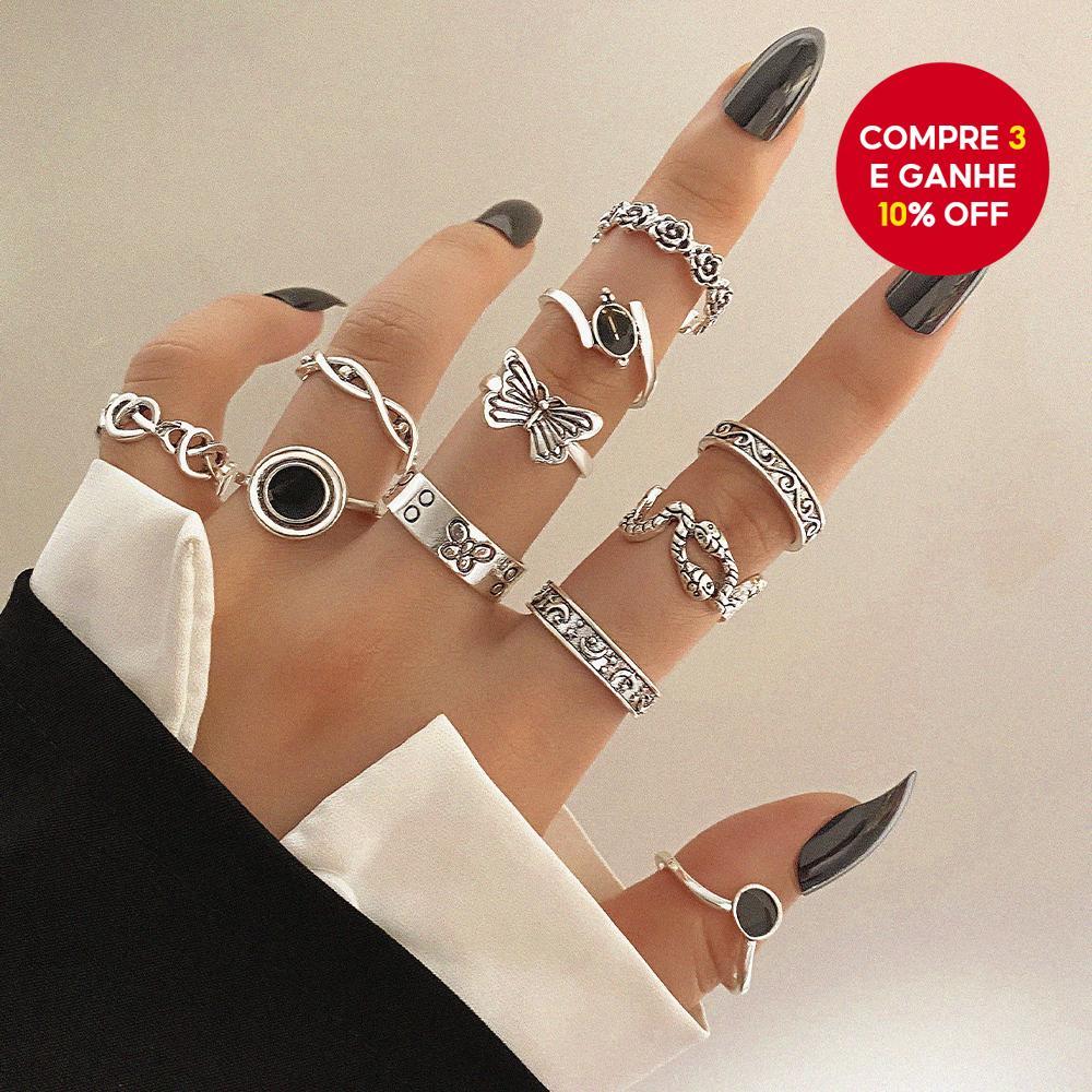 Prata Preto Retrô Hip Hop Conjunto de Anéis Borboleta Cobra 11 Peças Joias de Personalidade para Mulheres
