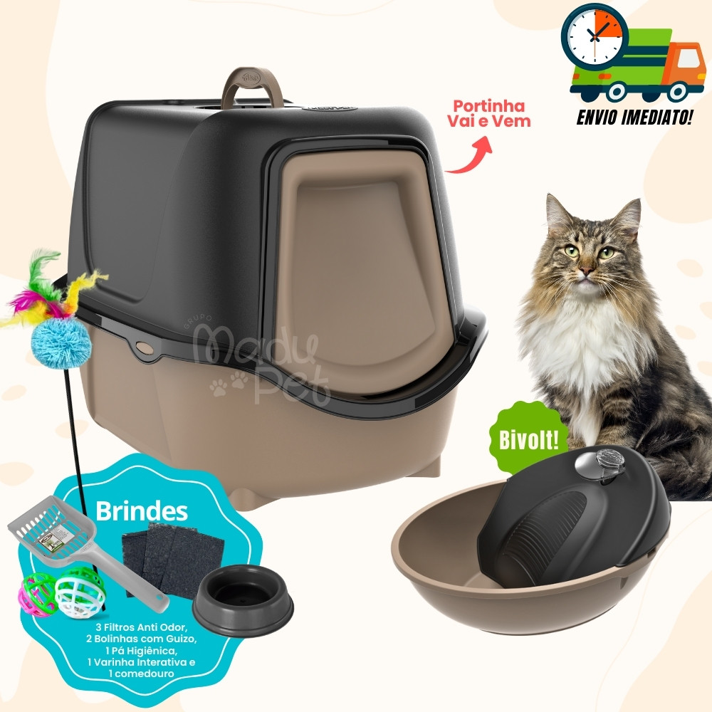 Kit Gato Caixa de Areia Fechada Para Gatos + Fonte Bebedouro Purificador de Água Bivolt