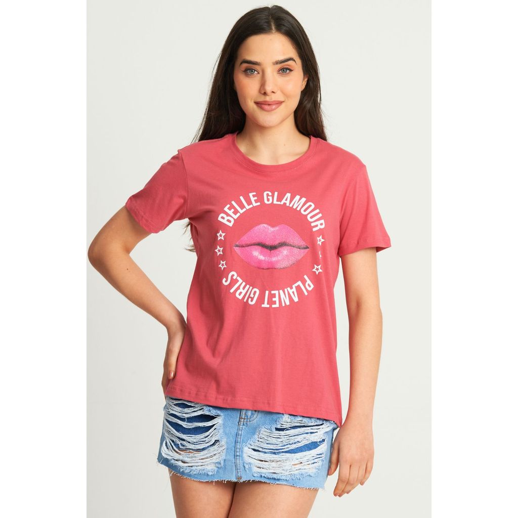 Camiseta Feminina Belle Glamour Beijinho Planet Girls Rosa em Oferta na Shopee