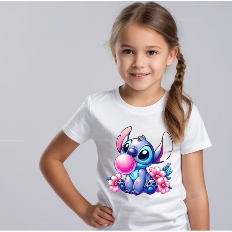 Camiseta Infantil Stitch Fofo Camisa Infantil Menina Lançamento Algodão Estampada