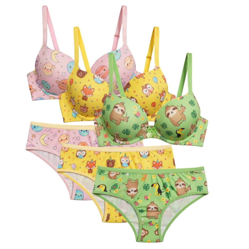 Kit 3 ou 2 Conjunto Sutiã Calcinha Juvenil Menina Moça Estampado Sutiã Com Bojo Confortável Algodão