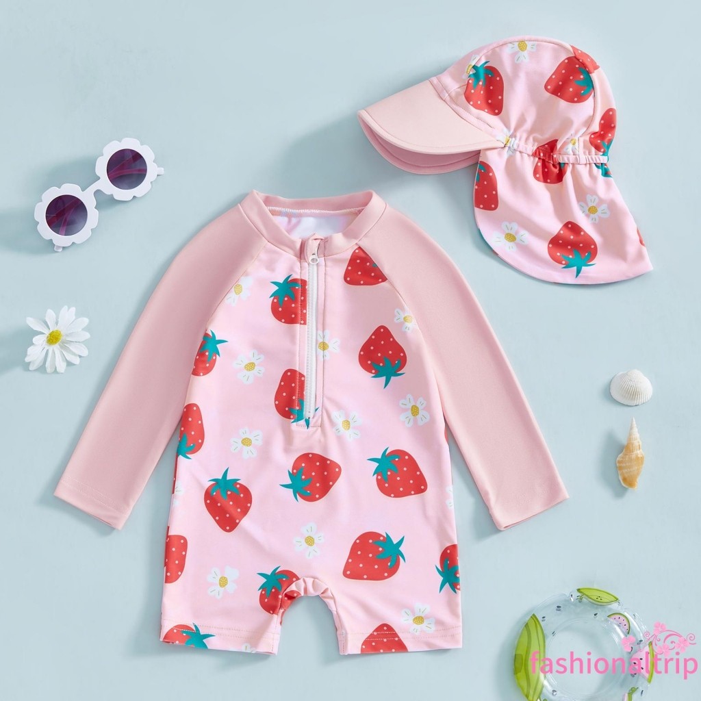 Maiô Infantil Feminino De Manga Comprida Com Estampa Floral/Flamingo , Meio Zíper , Sem Bolinhas , Conjunto De Chapéu De