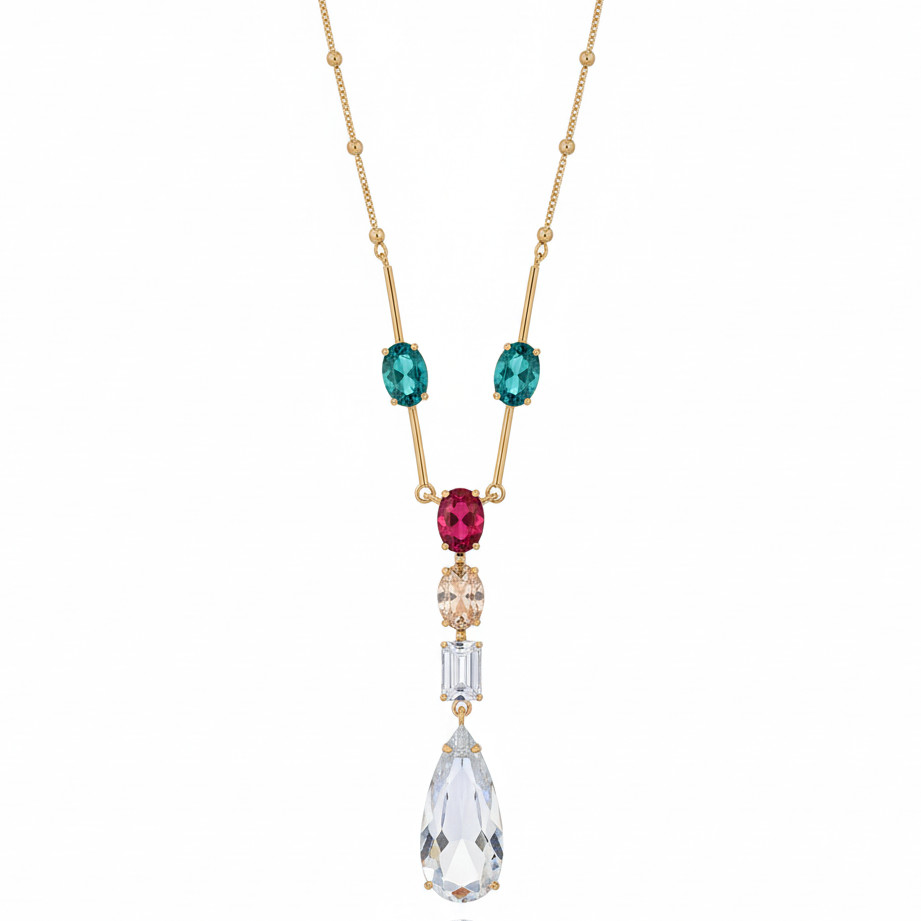Colar em Formato Gota Layer Baguete e Oval com Cristais | Feminino | Banhado Ouro 18K | Antialérgico | Semijoia