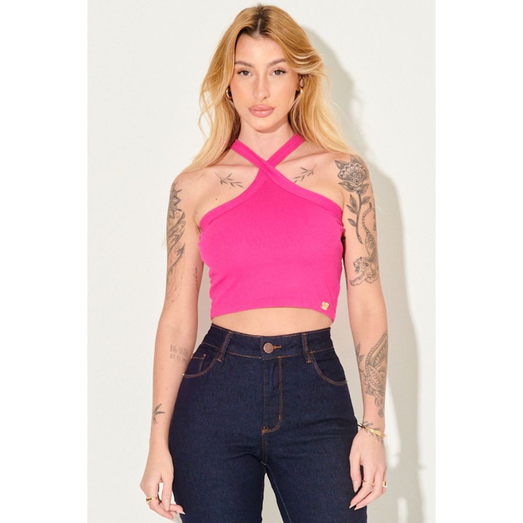 Cropped Feminino Liso Alça Cruzada Planet Girls Rosa Escuro