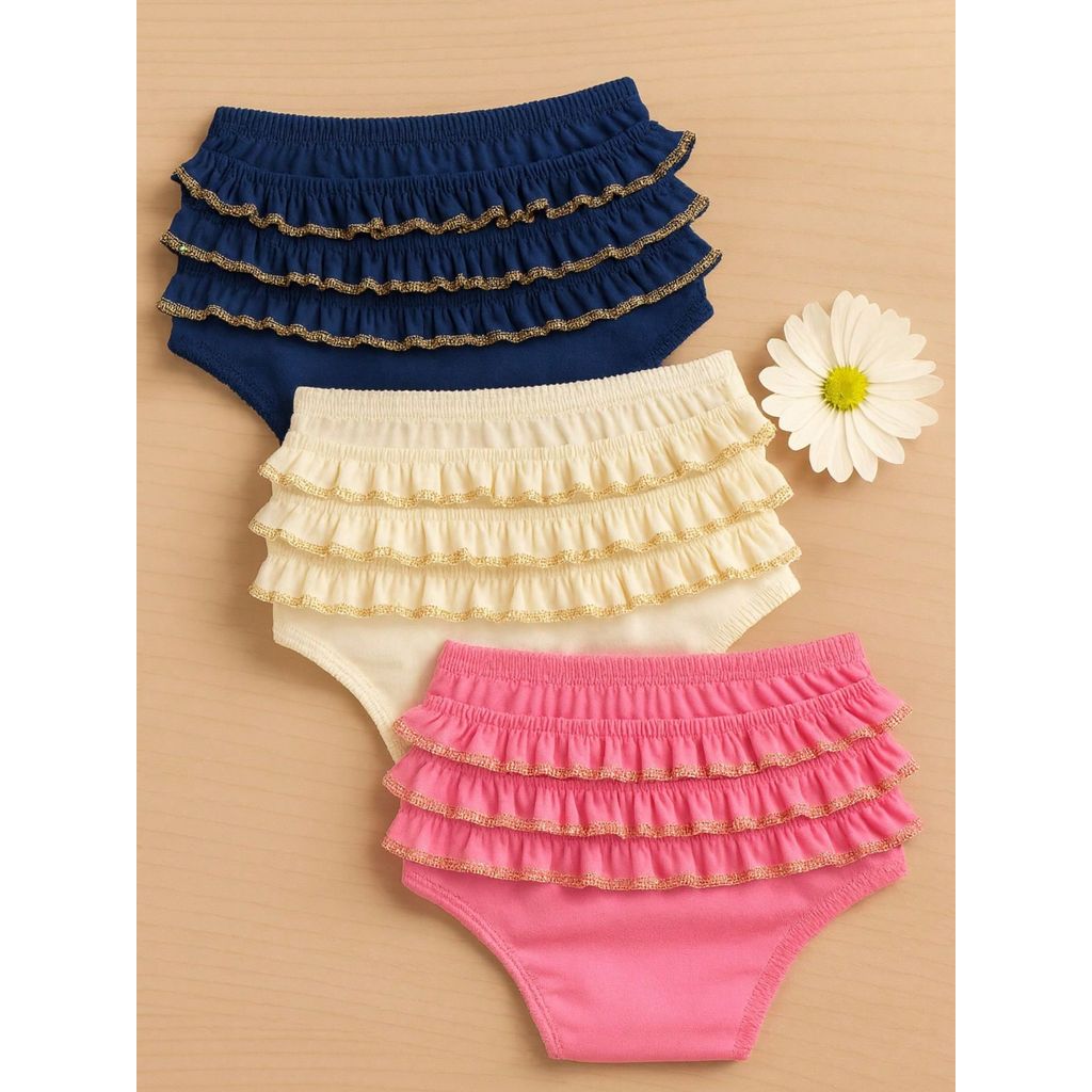 Kit c/3 Calcinhas Bunda Rica Milionária c/ Babado Azul Marinho, Champagne e Rosa Chiclete