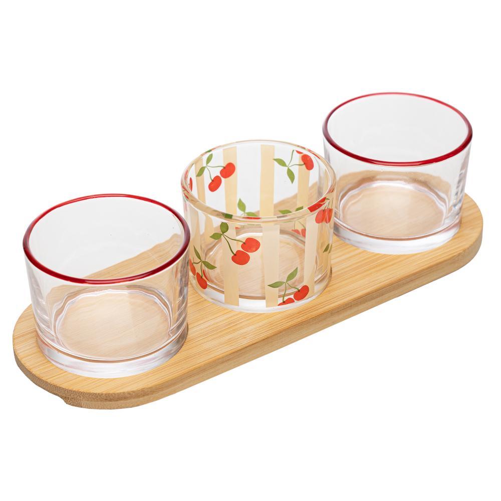 3 Petisqueira de Vidro com Bandeja Cherry 24cm x 8cm x 5,5cm