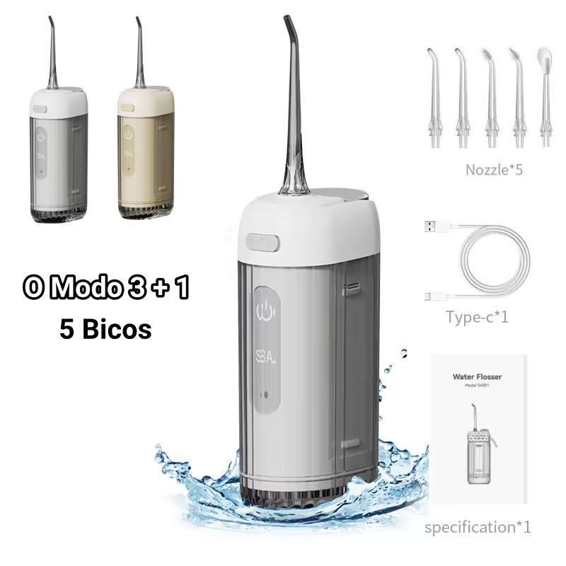 Irrigador Dental Profissional Recarregável IPX7 Oral 200ml 4 Modos de Pressão Com 5 Bicos