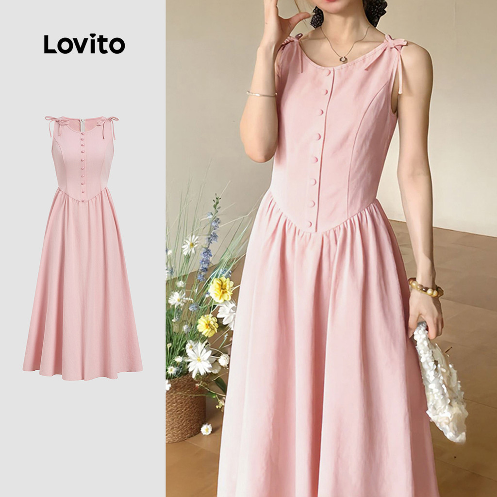 Lovito  Vestido Rosa Elegante de Renda para Lazer com Botões Primavera/verão para mulheres L173AD038 em Oferta na Shopee