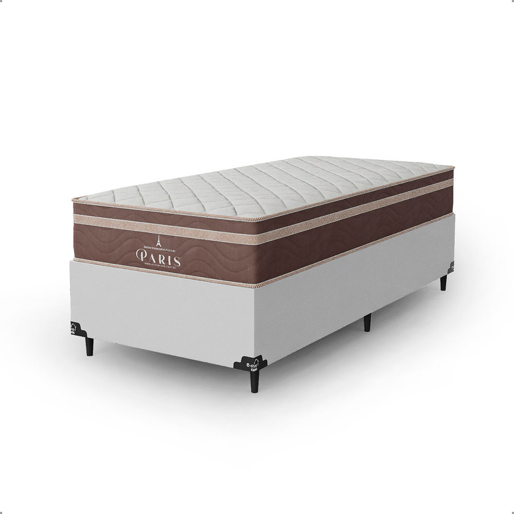 Cama Box Solteiro Couro Branco + Colchão Paris Molas Ensacadas Marrom - e-Shop Casa