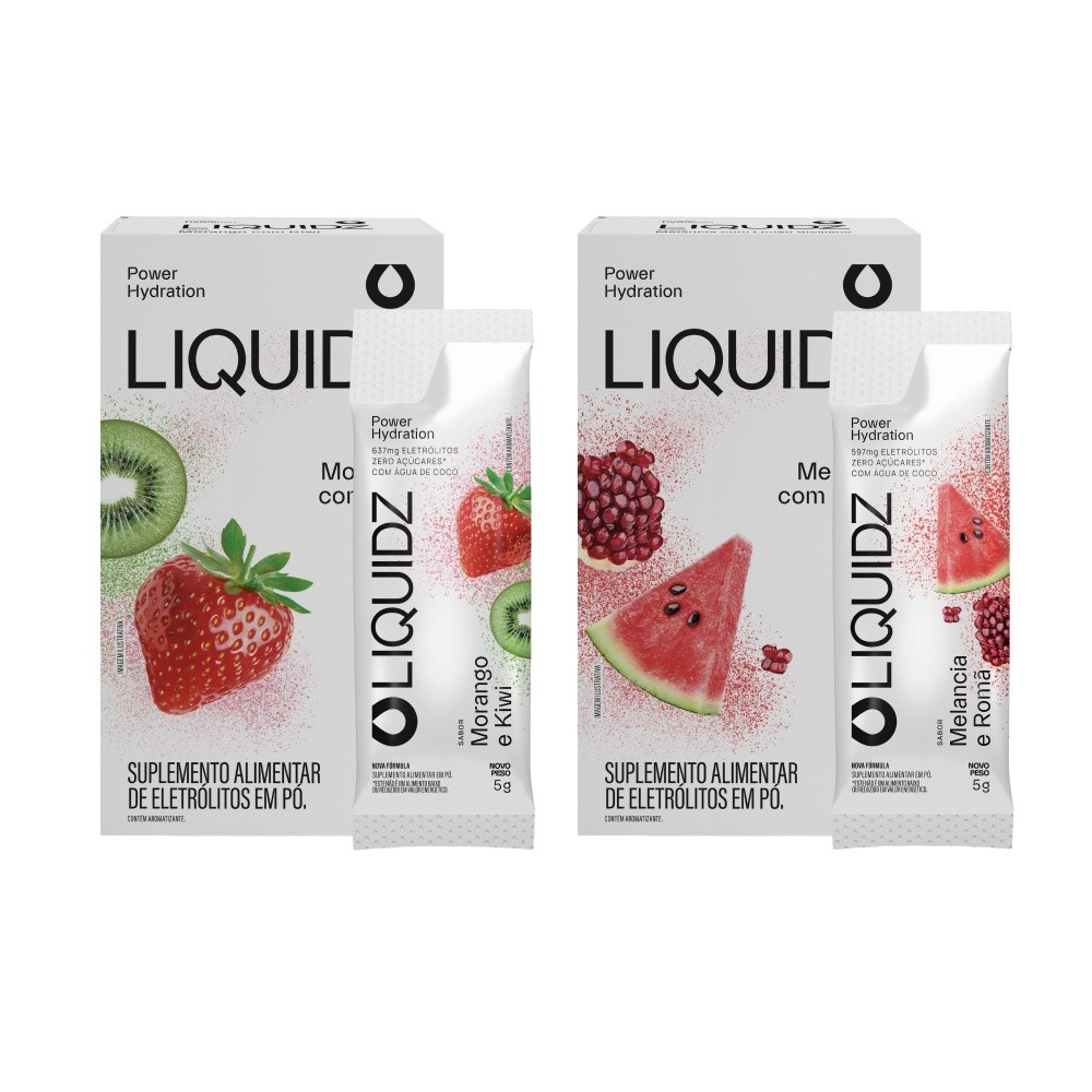LIQUIDZ® - Eletrólitos Zero Açúcares - Morango | Melancia - Kit 2 Caixas - 12 sachês